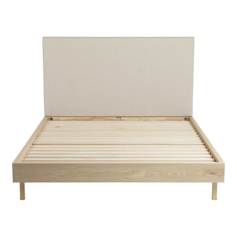Natural wood bed frame with a neutral beige upholstered headboard, minimalist design. Perfect for modern decor.