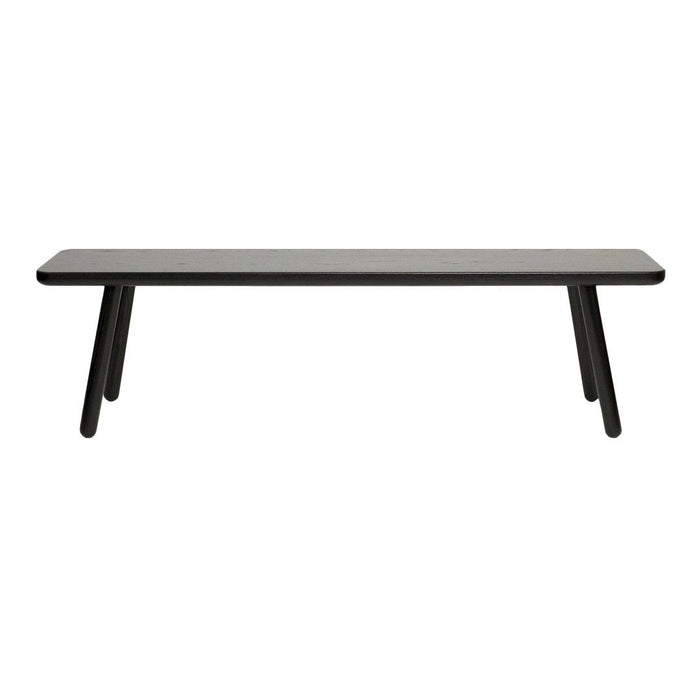 Modern black bench with a sleek, minimalist design and a smooth surface, perfect for contemporary decor.