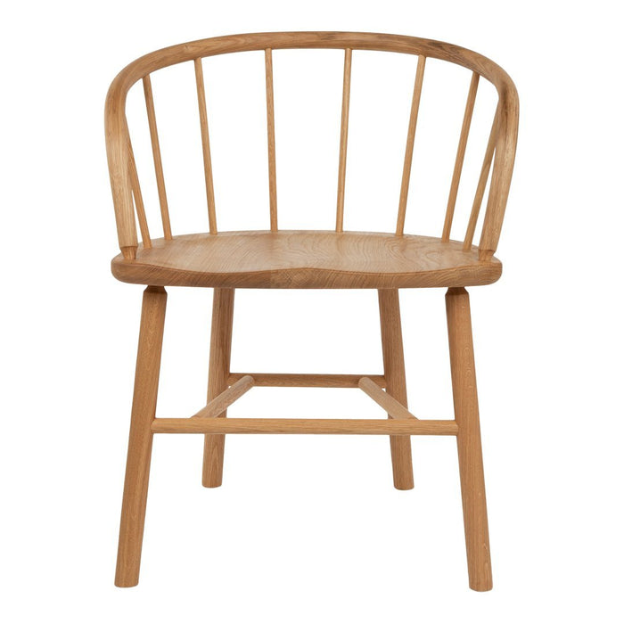 Natural wood chair with a curved back, featuring a minimalist design and subtle grain patterns. Perfect for any decor.