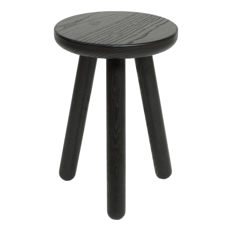 Black wooden stool with a round top and textured surface, featuring three sturdy legs in a sleek, minimalist design.