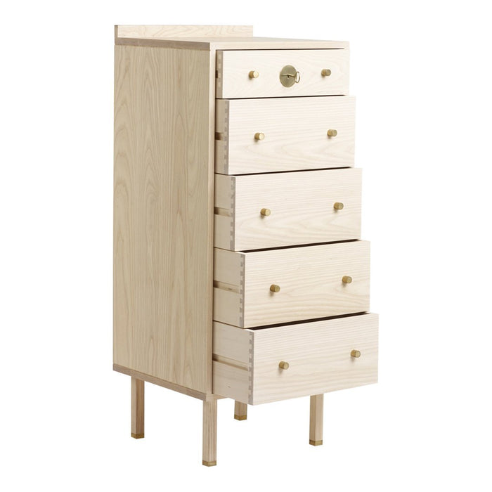 Natural wood grain dresser with five drawers and sleek, minimalist design. Gold handle accents complement the light finish.