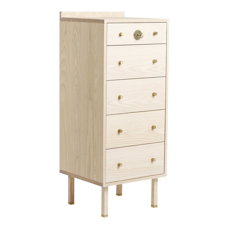 Light wood tall dresser with five drawers and brass knobs, featuring a smooth, minimalist design.