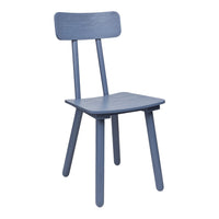 Blue wooden chair with a minimalist design and smooth finish, featuring a simple, solid color and clean lines.