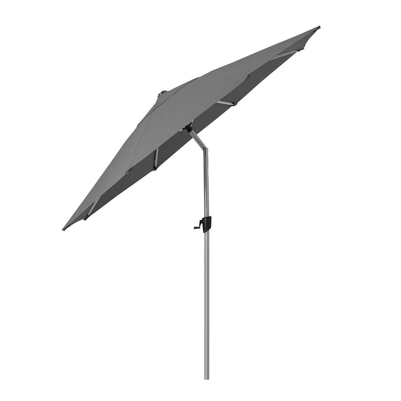 Gray outdoor patio umbrella with a sleek, solid-patterned canopy and a sturdy silver metal pole.