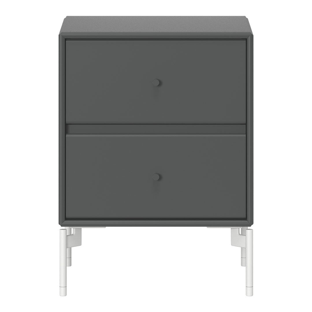 Gray nightstand with a smooth finish, featuring two drawers and sleek white legs for a modern touch.
