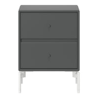 Gray nightstand with a smooth finish, featuring two drawers and sleek white legs for a modern touch.