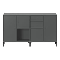 Gray modern cabinet with sleek surfaces and minimalist design, featuring a combination of doors and drawers.