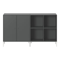 Gray modular cabinet with smooth surfaces and minimalist design, featuring solid frames and sleek, silver legs.
