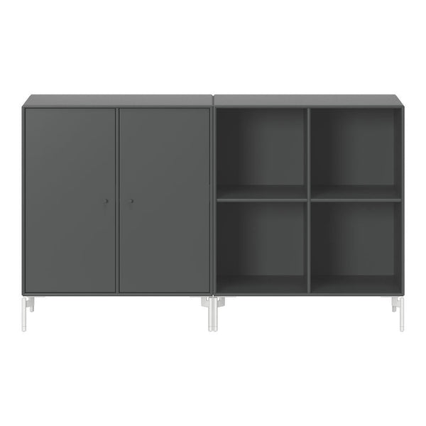 Gray modular cabinet with smooth surfaces and minimalist design, featuring solid frames and sleek, silver legs.