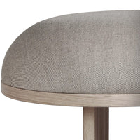 Soft grey fabric upholstered stool with subtle texture and rounded, light wooden base design. Perfect for modern decor.