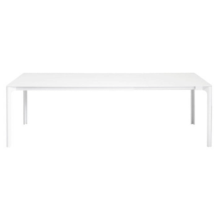 Sleek white rectangular table with a smooth, minimalist design and clean lines, perfect for modern interiors.