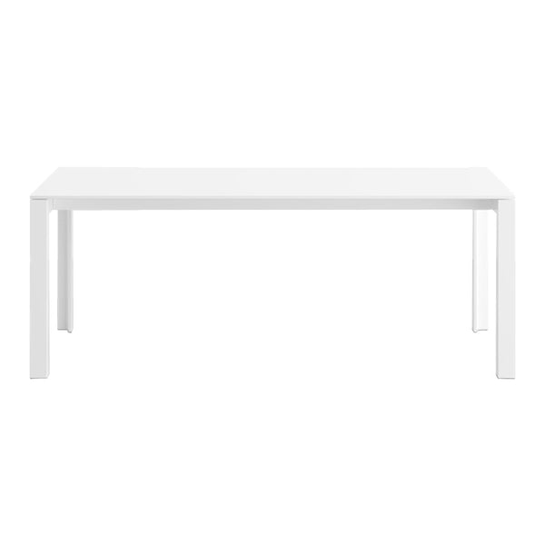 White rectangular dining table with a sleek, minimalist design and smooth, glossy finish. Perfect for modern interiors.