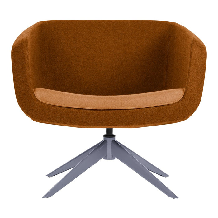 Brown upholstered swivel chair with a contrasting beige panel, set on a sleek gray metal base.