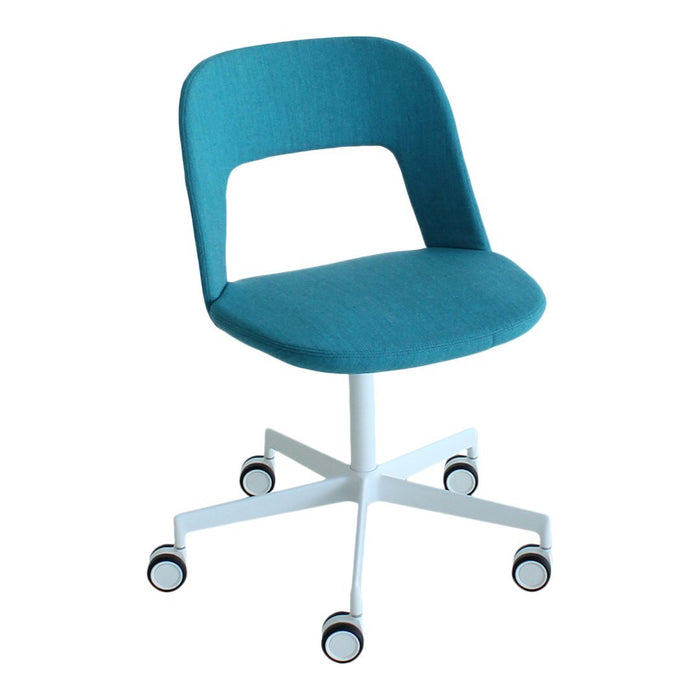 Teal upholstered office chair with a minimalist white base and wheels, featuring a smooth, curved design.