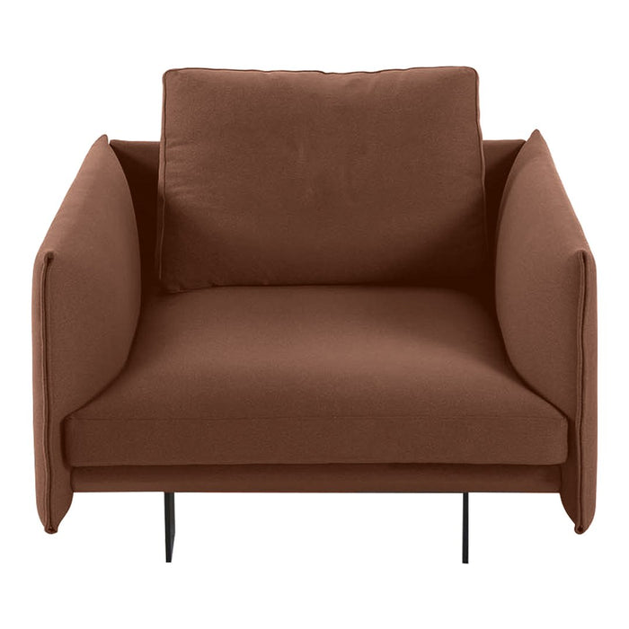 Brown upholstered armchair with a minimalist design and soft texture, perfect for modern living spaces.