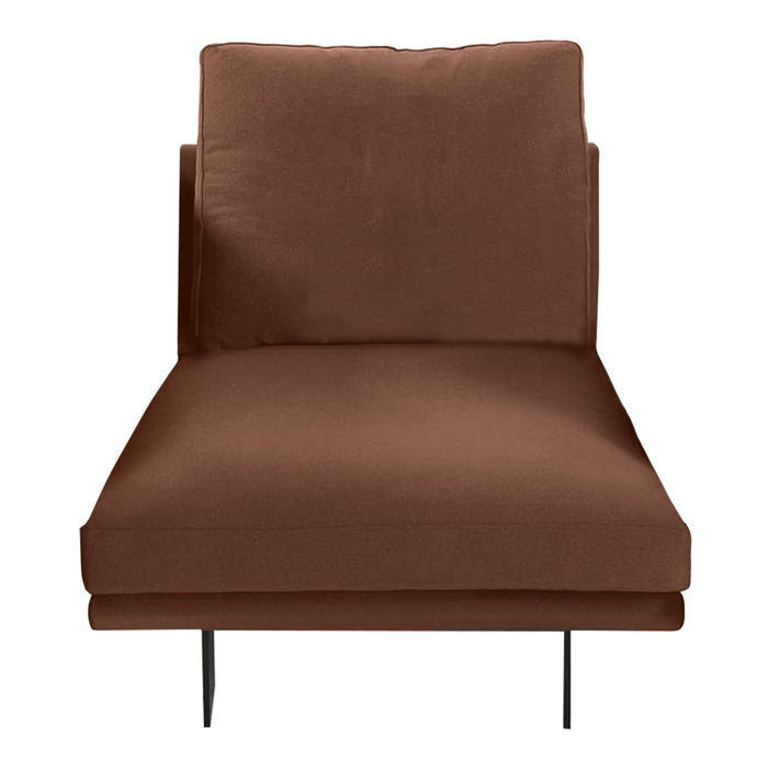Brown upholstered chair with a clean, minimalist design and sleek black metal legs. Perfect for modern decor.