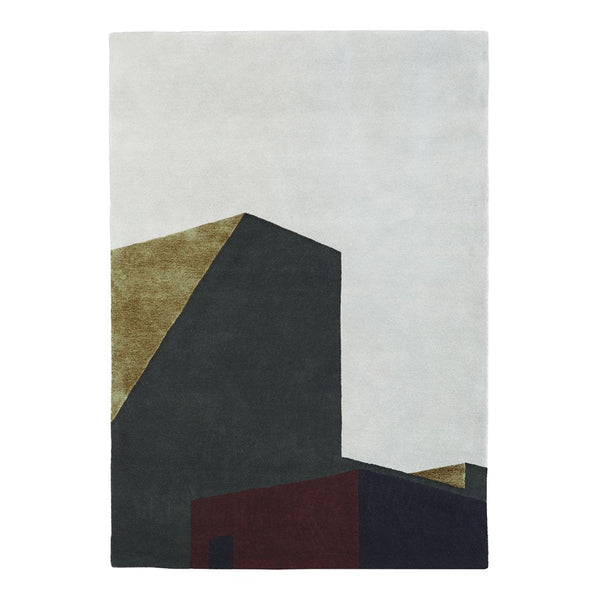 Abstract rug featuring geometric shapes in dark green, gold, and burgundy against a light gray background.