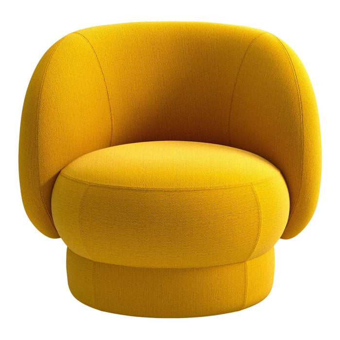 Bright yellow upholstered accent chair with a smooth, rounded design and minimalistic pattern. Ideal for modern decor.