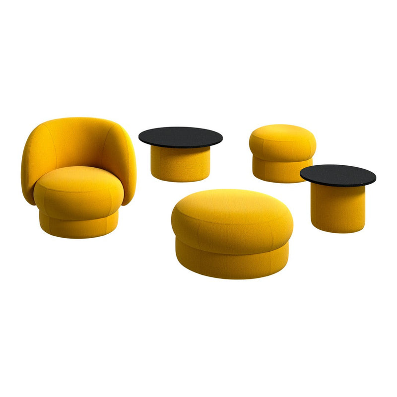 Bright yellow furniture set with four pieces featuring smooth, rounded shapes and contrasting black tabletops.