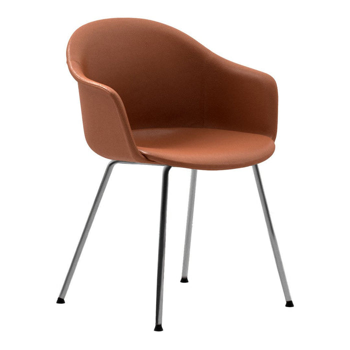 "Modern armchair in warm terracotta with a smooth finish and sleek chrome legs, perfect for stylish interiors."