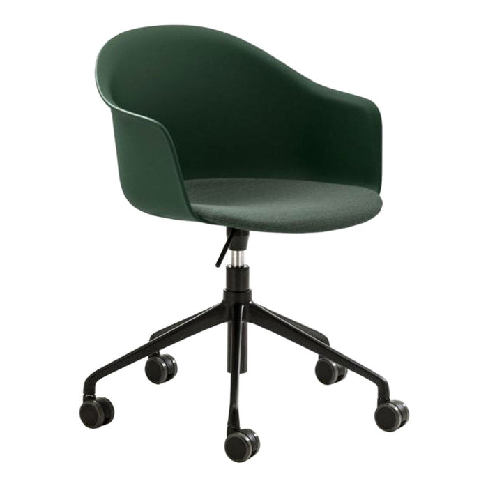 Green ergonomic office chair with a sleek design and black base, perfect for modern workspaces.