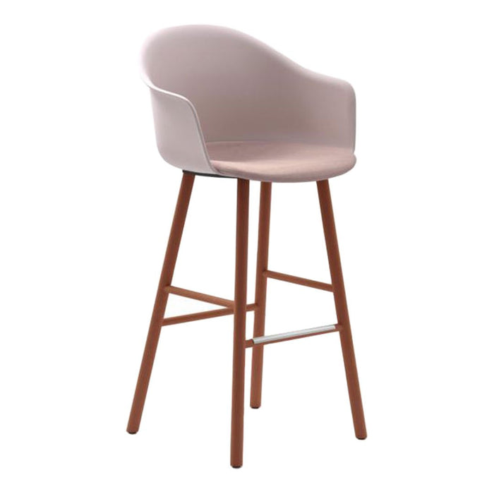 Light pink upholstered bar stool with wooden legs and a sleek, minimalist design. Perfect for modern decor.
