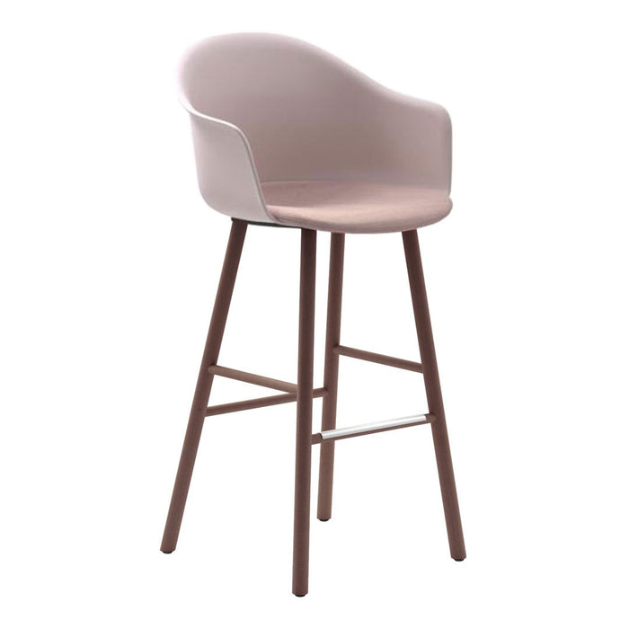 Light pink plastic seat with curved backrest and brown wooden legs, showcasing a sleek modern design.