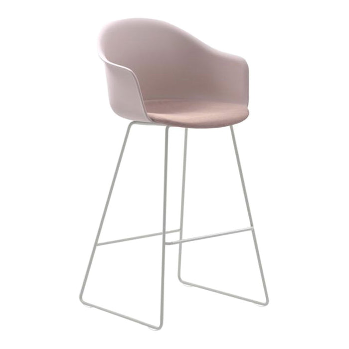 Soft pink chair with a smooth finish on white metal legs, perfect for modern decor.