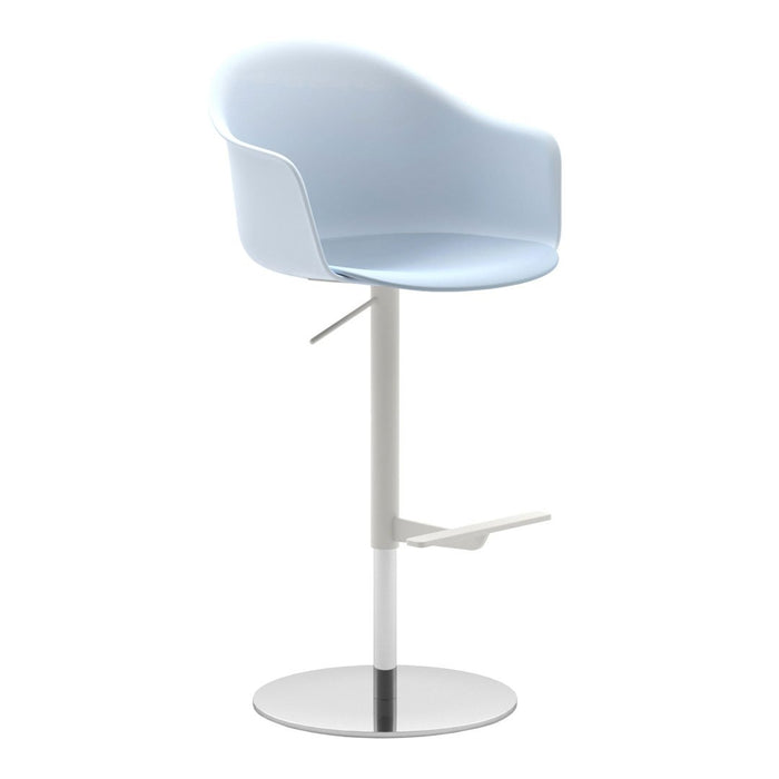 Light blue bar stool with a smooth, curved seat and a sleek, silver base. Modern design for contemporary spaces.