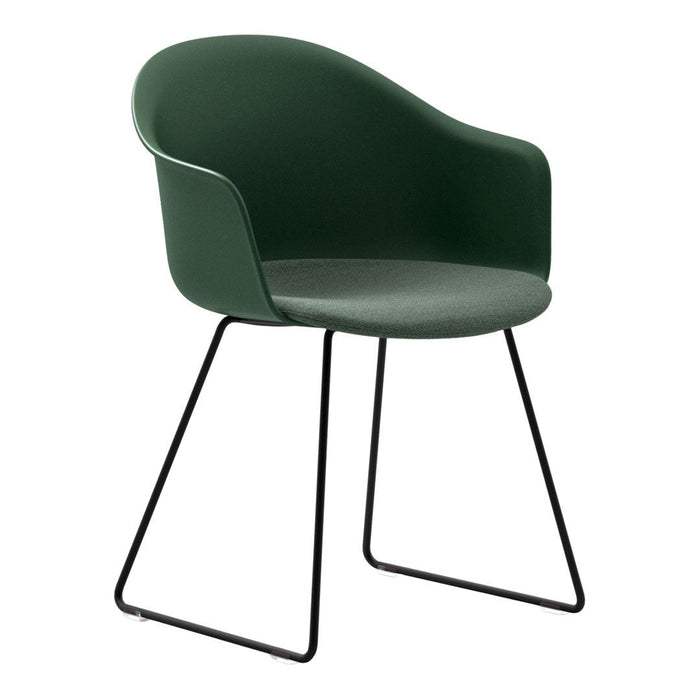 Green molded plastic chair with a sleek black metal base, featuring a smooth, modern design. Perfect for contemporary spaces.