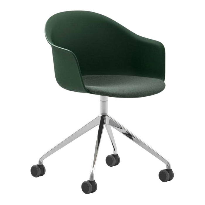Green upholstered swivel chair with a sleek chrome base and rolling wheels. Modern, minimalistic design.