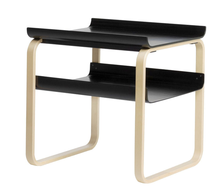 Black and beige modern side table with sleek lines and minimalist design, featuring two open shelves.