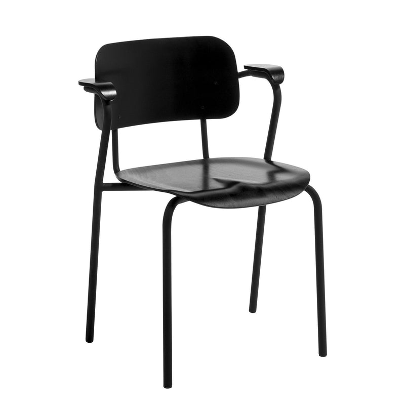 Modern black chair with sleek design and smooth surface, featuring a minimalist aesthetic and no visible patterns.