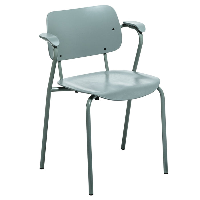 Light blue metal chair with a minimalist design and smooth, solid surfaces. Ideal for modern decor.