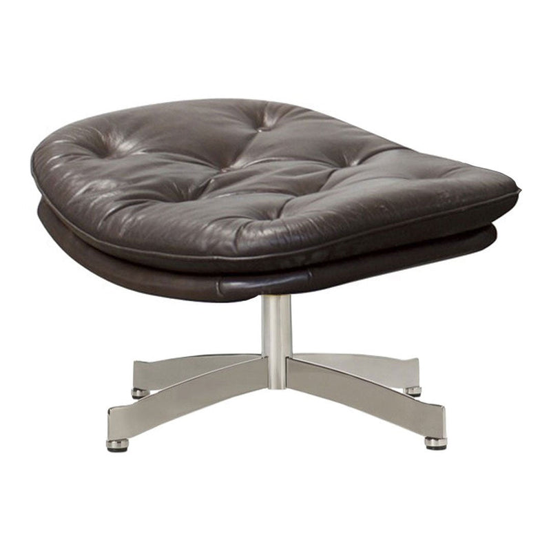 Brown leather ottoman with tufted design and sleek metal base, perfect for modern decor.