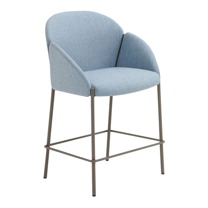 Light blue upholstered bar stool with a smooth, curved design and metal frame. Perfect for modern decor.