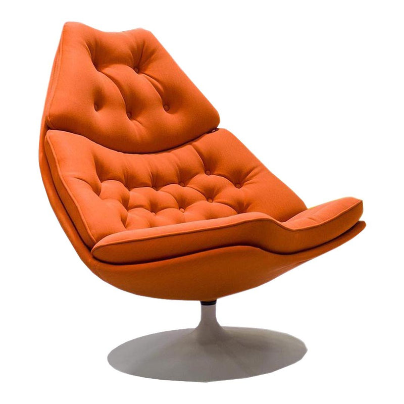 Modern orange swivel chair with a tufted design and sleek gray base, adding a pop of color to any space.