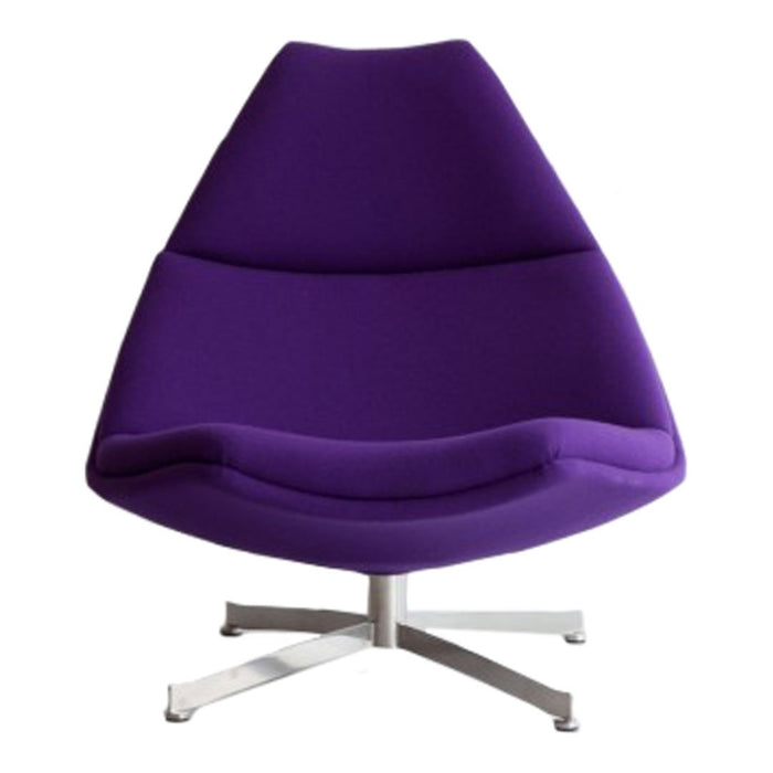 Modern purple upholstered chair with a sleek design and silver base, perfect for contemporary decor.
