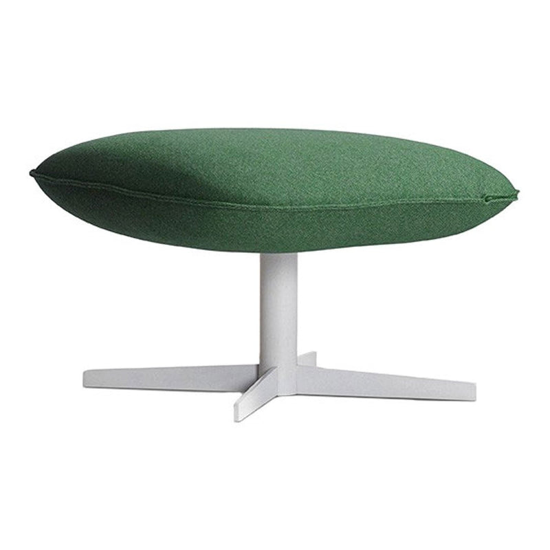 Green upholstered pouf with a smooth, rounded shape and a white, cross-base pedestal. Suitable for modern interiors.