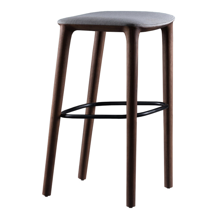 Brown wooden stool with a gray cushioned seat and black metal footrest, featuring a smooth, minimalist design.