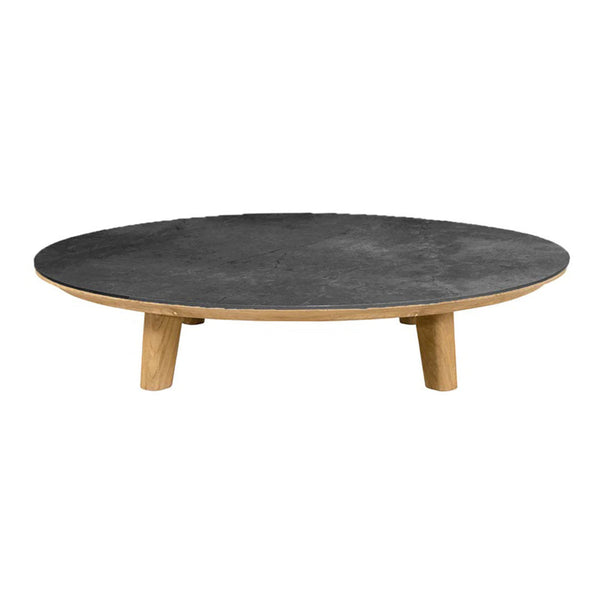 Round coffee table with a sleek black top and natural wood legs, featuring a minimalist design. Ideal for modern decor.