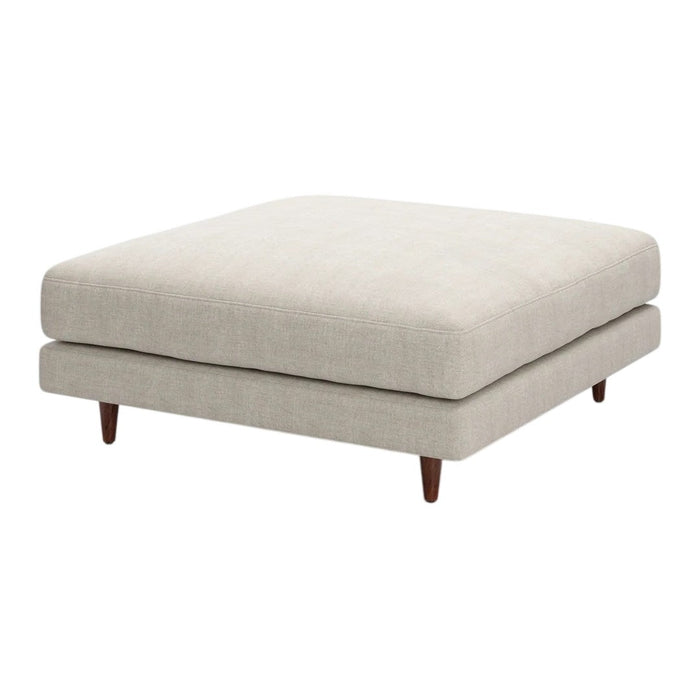 Light beige square ottoman with a smooth texture and tapered wooden legs. Perfect for modern decor.