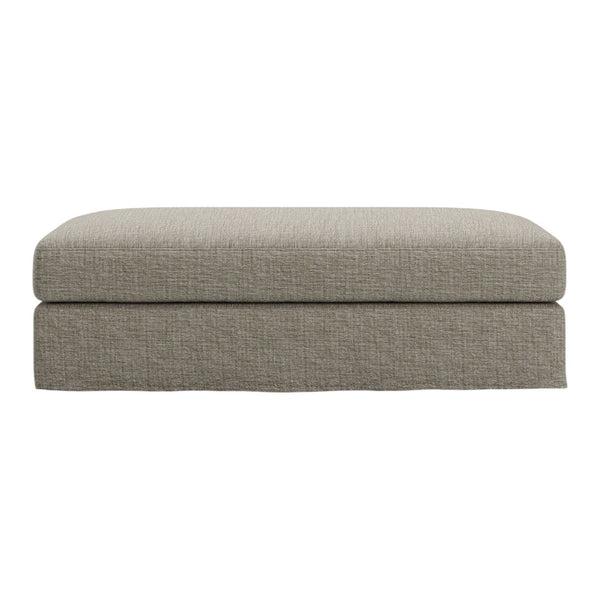 Light gray upholstered ottoman with a subtle textured pattern, perfect for modern interiors.