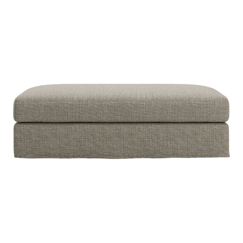 Light gray upholstered ottoman with a subtle textured pattern, perfect for modern interiors.