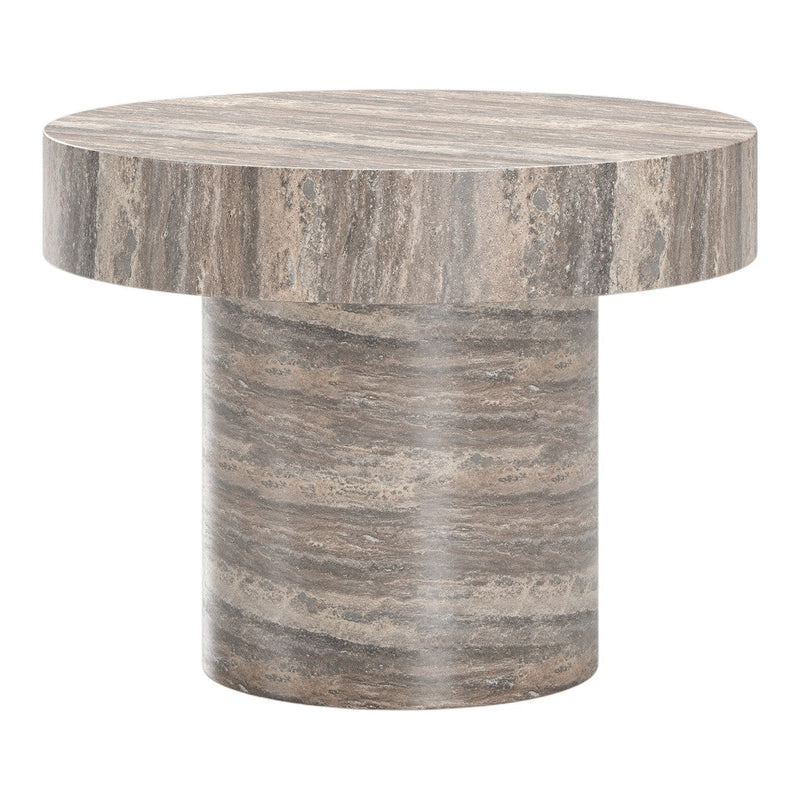 Round marble side table in earthy gray and beige tones with subtle striped patterns. Perfect for modern decor.