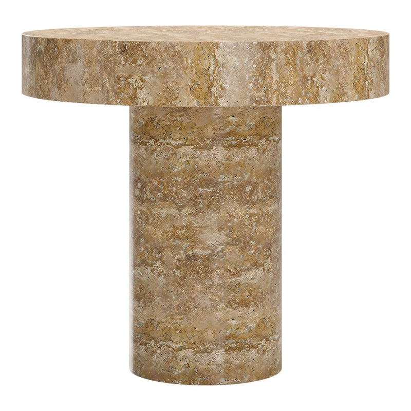 Round pedestal table in earthy beige tones with subtle textured patterns. Perfect for modern home decor.