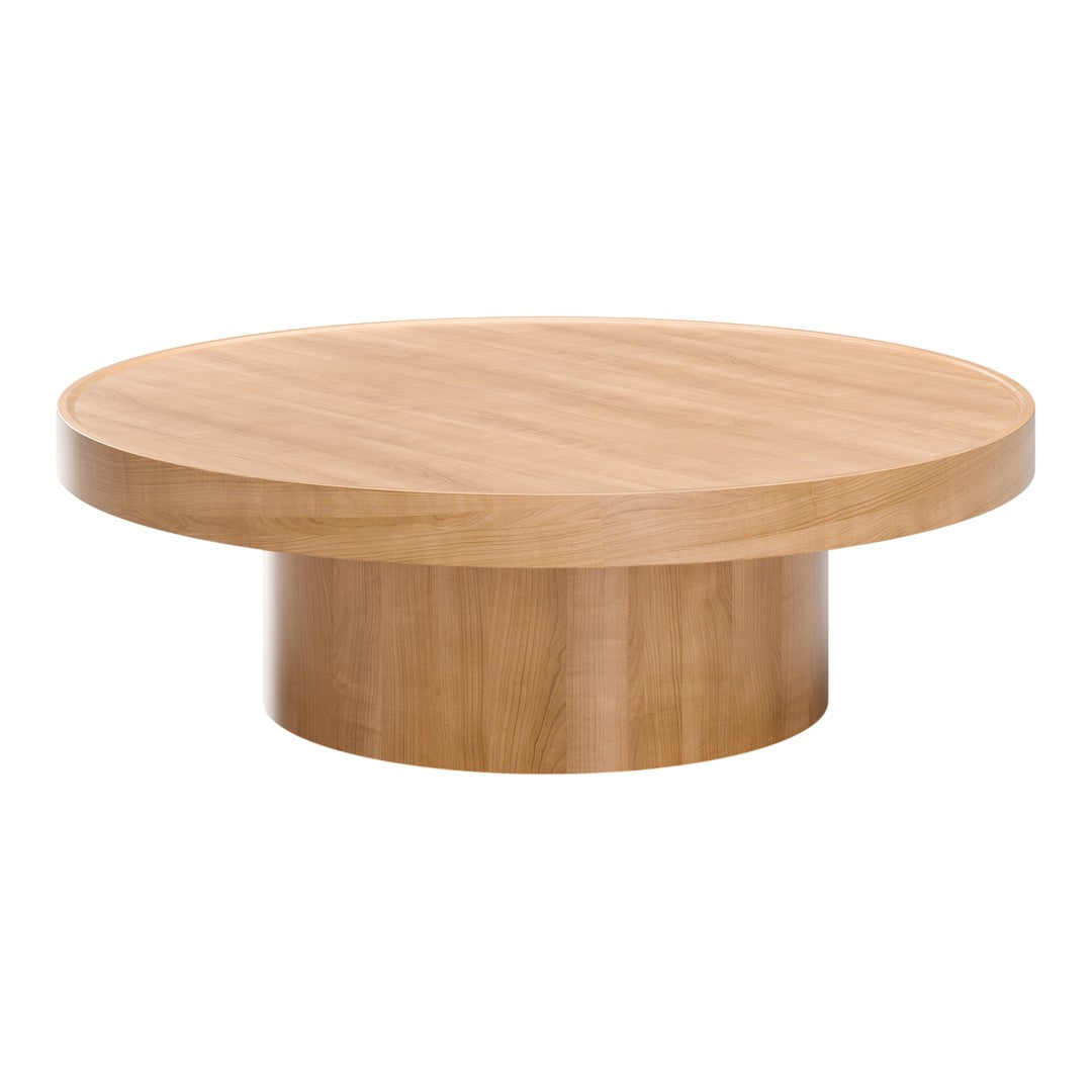 Round wooden coffee table in natural oak finish with a smooth surface and cylindrical base, showcasing minimalistic design.