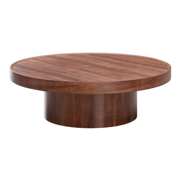 Round wooden coffee table in rich walnut finish with a smooth, minimalist design.