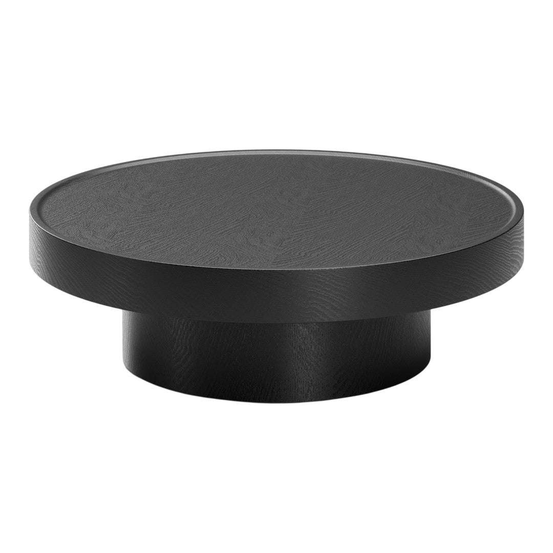Black round pedestal with a textured surface, featuring a sleek minimalist design. Ideal for modern decor.