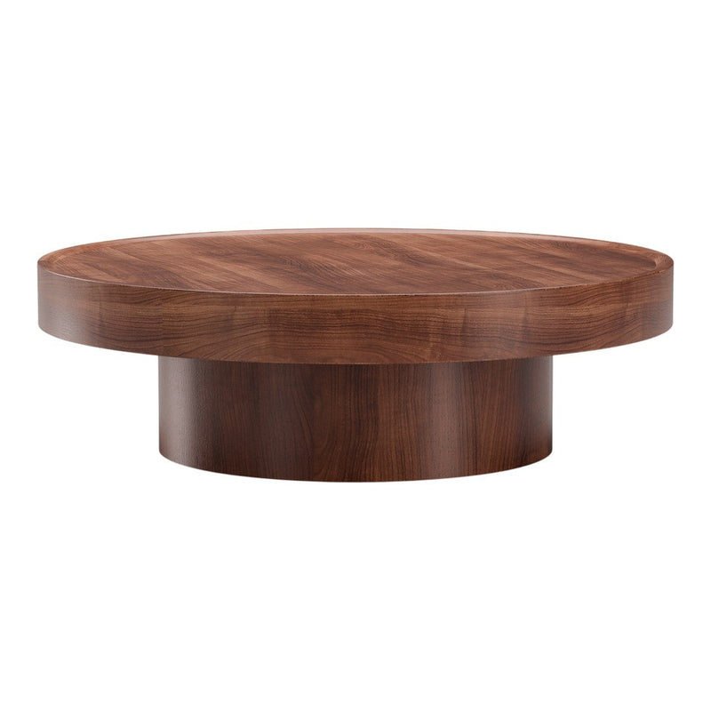 Round coffee table features a rich walnut finish with a smooth, wood grain pattern. Elegant and modern design.